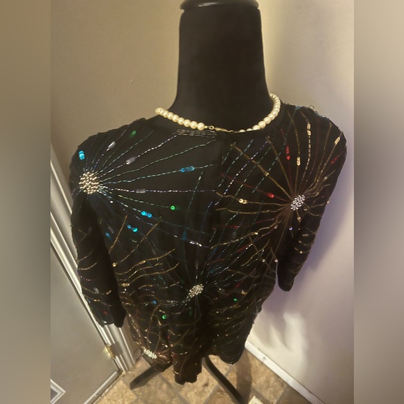 Vintage Lawrence Kazar Y2K New Year’s  Sequin Beaded Silk Top Size 2X - Picture 4 of 6